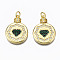 Brass Micro Pave Cubic Zirconia Pendants, with Jump Rings, Nickel Free, Flat Round with Heart, Real 16K Gold Plated, Dark Green, 24.5x18x3mm, Hole: 3mm