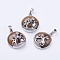 Natural Tiger Eye Pendants, with Brass Findings, Flat Round with Fox, Platinum, 28~29x23~24x9~10mm, Hole: 5x7mm