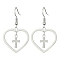 Non-Tarnish 201 Stainless Steel Heart & 304 Stainless Steel Cross Dangle Earrings, Stainless Steel Color, 40x24mm