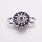 Brass Micro Pave Cubic Zirconia Links, Flat Round, Blue, Platinum, 13x8.5x2.5mm, Hole: 1.5mm