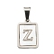 304 Stainless Steel Pave Natural White Shell Pendants, Rectangle with Letter Charms, Stainless Steel Color, Letter Z, 17.5x12x1.5mm, Hole: 6x3mm