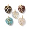 Natural & Synthetic Mixed Gemstone Copper Wire Wrapped Pendants, Faceted Heart Charms with Moon, Golden, 20~21x15x9~10mm, Hole: 2.2~2.5mm