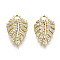 Brass Micro Pave Clear Cubic Zirconia Pendants, Leaf, Golden, 16x10x2.5mm, Hole: 2mm