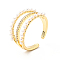 Clear Cubic Zirconia Triple Line Open Cuff Ring with Acrylic Pearl, Rack Plating Brass Hollow Wide Ring for Women, Cadmium Free & Lead Free, Real 18K Gold Plated, US Size 7 1/4(17.5mm)