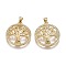 Brass Micro Pave Colorful Cubic Zirconia Pendants, Long-Lasting Plated, with Snap on Bails, Flat Round with Tree, Real 18K Gold Plated, 26.5x23.5x3.5mm, Hole: 5.5mm