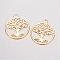 Brass Filigree Pendants, Flat Round with Tree of Life, Golden, 23.5x20x0.5mm, Hole: 3mm