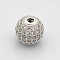 CZ Brass Micro Pave Grade AAA Clear Color Cubic Zirconia Round Beads, Cadmium Free & Nickel Free & Lead Free, Platinum, 12mm, Hole: 2mm