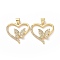 Brass Cubic Zirconia Pendants, Cadmium Free & Lead Free, Heart with Butterfly Charms, Golden, 21.5x22x3mm, Hole: 3x5mm
