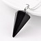 Cone Pendulum Platinum Tone Brass Dyed & Heated Black Agate Pendants, 39~41x18~19mm, Hole: 5x8mm