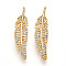 Brass Micro Pave Cubic Zirconia Pendants, Feather Charms, Real 18K Gold Plated, 25.5x6x3mm, Hole: 1mm