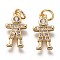 Brass Micro Pave Clear Cubic Zirconia Pendants, Long-Lasting Plated, with Jump Ring, Man, Golden, 15x8x2.5mm, Jump Ring: 5x1mm, 3mm Inner Diameter