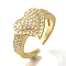 Rack Plating Heart Brass Clear Cubic Zirconia Open Cuff Rings, Cadmium Free & Lead Free, Long-Lasting Plated, for Women, Real 18K Gold Plated, 13mm