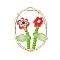 Glass Seed Beaded & Handmade Millefiori Glass Pendants, Oval with Flower, with Alloy, FireBrick, 30x21.5x3mm, Hole: 1mm