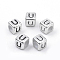 Plated Acrylic Beads, Horizontal Hole, Cube with Letter, Antique Silver, Letter.U, 6mm, Hole: 3mm
