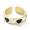 Heart Pattern Alloy Enamel Cuff Rings, Open Rings, Light Gold, Black, 6.5mm, US Size 7 1/4(17.5mm)
