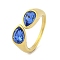 Ion Plating(IP) 304 Stainless Steel Rhinestone Teardrop Cuff Open for Women, Real 14K Gold Plated, Light Sapphire, Inner Diameter: 18mm