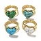 Ion Plating(IP) 304 Stainless Steel Open Cuff Rings, Synthetic Malachite & Turquoise Heart Finger Rings for Women Men, Real 18K Gold Plated, Adjustable