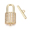 Brass Micro Pave Clear Cubic Zirconia Toggle Clasps, Cadmium Free & Nickel Free & Lead Free, Lock, Real 18K Gold Plated, 21.5x10x3.5mm, Hole: 1.4mm, Bar: 4x14.5x1.5mm, Hole: 1.4mm