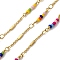 Brass Round with Column Link Chains, with Glass Seed Beads, Soldered, with Spool, Real 18K Gold Plated, 18x3x2mm