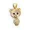 Brass Micro Pave Cubic Zirconia Pendants, Bear, with Glass, Long-Lasting Plated, Cadmium Free & Lead Free, Rack Plating, Real 18K Gold Plated, 18x11.5x6.5mm, Hole: 4.5x3.5mm