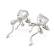 Brass Stud Earrings, with Clear Cubic Zirconia for Women, Heart with Bowknot, Platinum, 30x16mm