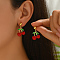 Brass Enamel Dangle Stud Earrings, Golden, Cherry, 30x19mm