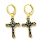 Real 18K Gold Plated Brass Dangle Leverback Earrings, with Glass, Cross, Dark Blue, 38x16mm