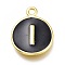 Brass Enamel Pendants, Long-Lasting Plated, Black, Golden, Flat Round, Letter.I, 16.5x13x2mm, Hole: 1.5mm