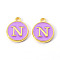 Golden Plated Alloy Enamel Charms, Enamelled Sequins, Flat Round with Letter, Medium Purple, Letter.N, 14x12x2mm, Hole: 1.5mm