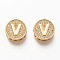 Golden Plated Brass Micro Pave Cubic Zirconia Multi-Strand Links, Flat Round with Letter, Letter.V, 12x4.5mm, Hole: 2mm