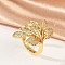 Leaf Brass Micro Pave Clear Cubic Zirconia Open Cuff Rings for Women, Cadmium Free & Lead Free, Real 18K Gold Plated, Inner Diameter: 15.5mm