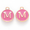 Golden Plated Alloy Enamel Charms, Cadmium Free & Lead Free, Enamelled Sequins, Flat Round with Letter, Camellia, Letter.M, 14x12x2mm, Hole: 1.5mm