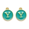 Golden Plated Alloy Enamel Charms, Enamelled Sequins, Flat Round with Alphabet, Letter.Y, Green, 14x12x2mm, Hole: 1.5mm