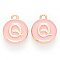 Golden Plated Alloy Enamel Charms, Cadmium Free & Lead Free, Enamelled Sequins, Flat Round with Letter, Pink, Letter.Q, 14x12x2mm, Hole: 1.5mm