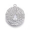 Brass Pendant, with Cubic Zirconia, Flat Round, Clear, Platinum, 21x18.5x2.5mm, Hole: 1.5mm