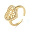Brass Micro Pave Cubic Zirconia Open Cuff Ring, Cadmium Free & Lead Free, Heart with Tree, Real 16K Gold Plated, Inner Diameter: 17mm