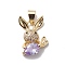 Rack Plating Brass Cubic Zirconia Charms, Long-Lasting Plated, Cadmium Free & Lead Free, Real 18K Gold Plated, Rabbit with Carrot Charm, Lilac, 18x13x4mm, Hole: 3x5mm