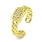 Brass Micro Pave Cubic Zirconia Open Cuff Rings, Cadmium Free & Lead Free, Rectangle, Real 16K Gold Plated, US Size 7 1/4(17.5mm)