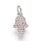 Brass Micro Pave Cubic Zirconia Charms Pendants, Hamsa Hand/Hand of Fatima, Platinum, 12.5x8x2mm, Hole: 3mm