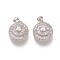 Brass Micro Pave Clear Cubic Zirconia Pendants, Long-Lasting Plated, Flat Round, Real Platinum Plated, 19.5x16.3x7.7mm, Hole: 3.6x4.3mm