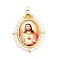 Rack Plating Brass Enamel Pendants, with Plastic Imitation Pearl, Long-Lasting Plated, Cadmium Free & Lead Free, Real 18K Gold Plated, Oval with Virgin Mary Charm, Orange, 28x22.5x6mm, Hole: 4.5x3.5mm