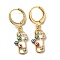 Real 18K Gold Plated Brass Dangle Leverback Earrings, with Enamel and Cubic Zirconia, Evil Eye & Moon, Colorful, 31.5x9mm