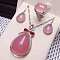 925 Sterling Silver Micro Pave Clear Cubic Zirconia with Natural Chalcedony Pendant Necklaces & Dangle Earrings & Rings Sets, Platinum, Teardrop, Pink, 400mm