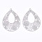 Non-Tarnish 304 Stainless Steel Filigree Pendants, Etched Metal Embellishments, Teardrop with Leaf, Stainless Steel Color, 38.5x30x0.3mm, Hole: 1.6mm