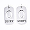 Non-Tarnish 201 Stainless Steel Pendants, Laser Cut, with Jump Rings, Rectangle with Number and Word LUCKY, Stainless Steel Color, Num.0, 35x17x1.5mm, Jump Ring: 6x1mm, Inner Diameter: 4mm