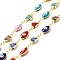 Handmade Brass Evil Eye Enamel Link Chain, with Brass Rhinestone Links, Soldered, with Spool, Horse Eye & Heart, Cadmium Free & Lead Free, Real 18K Gold Plated, Horse Eye: 16x6.5x4mm, Heart: 12.5x8x3mm
