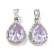 Brass with Cubic Zirconia Charms, Cadmium Free & Nickel Free & Lead Free, Teardrop, Plum, Platinum, 14.5x9.5x4.5mm, Hole: 5x3mm