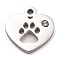 304 Stainless Steel Charms, Manual Polishing, with Crystal Rhinestone, Heart with Dog Paw Printed, Stainless Steel Color, 12x12x1.2mm, Hole:1.8mm