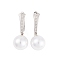 Rack Plating Brass Clear Cubic Zirconia ABS Pearl Earrings, Cadmium Free & Lead Free, Long-Lasting Plated, Round, Hoop Earrings, Platinum, 31x12mm