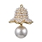 Brass Pendants, Bell Shape, with ABS Plastic Pearl, Rack Plating, Long-Lasting Plated, Lead Free & Cadmium Free , Real 18K Gold Plated, 30.5x23.5mm, Hole: 1.4mm